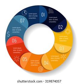 Vector round infographic diagram. Circular connected chart with 7 options. Paper progress steps for tutorial with folded parts. Business concept sequence banner. EPS10 workflow layout.