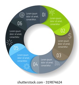 Vector round infographic diagram. Circular connected chart with 6 options. Paper progress steps for tutorial with folded parts. Business concept sequence banner. EPS10 workflow layout.