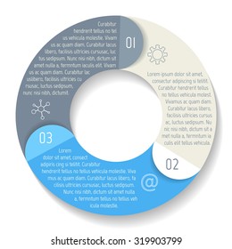Vector round infographic diagram. Circular connected chart with 3 options. Paper progress steps for tutorial with folded parts. Business concept sequence banner. EPS10 workflow layout.