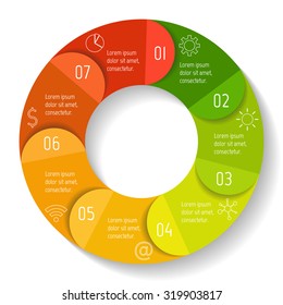 Vector round infographic diagram. Circular connected chart with 7 options. Paper progress steps for tutorial with folded parts. Business concept sequence banner. EPS10 workflow layout.
