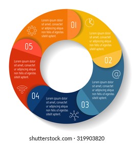 Vector round infographic diagram. Circular connected chart with 5 options. Paper progress steps for tutorial with folded parts. Business concept sequence banner. EPS10 workflow layout.