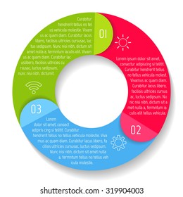 Vector round infographic diagram. Circular connected chart with 3 options. Paper progress steps for tutorial with folded parts. Business concept sequence banner. EPS10 workflow layout.