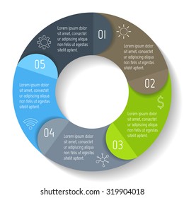 Vector round infographic diagram. Circular connected chart with 5 options. Paper progress steps for tutorial with folded parts. Business concept sequence banner. EPS10 workflow layout.