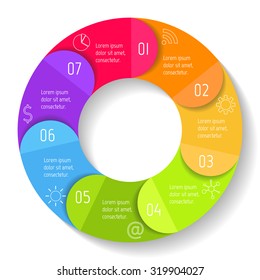 Vector round infographic diagram. Circular connected chart with 7 options. Paper progress steps for tutorial with folded parts. Business concept sequence banner. EPS10 workflow layout.