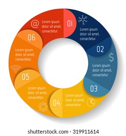 Vector round infographic diagram. Circular connected chart with 6 options. Paper progress steps for tutorial with folded parts. Business concept sequence banner. EPS10 workflow layout.