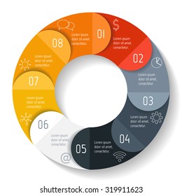 Vector round infographic diagram. Circular connected chart with 8 options. Paper progress steps for tutorial with folded parts. Business concept sequence banner. EPS10 workflow layout.