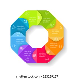 Vector round infographic diagram. Circular connected chart with 8 options. Paper progress steps for tutorial. Business concept sequence banner. EPS10 polygonal layout with folded parts.