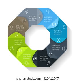 Vector round infographic diagram. Circular connected chart with 8 options. Paper progress steps for tutorial. Business concept sequence banner. EPS10 polygonal layout with folded parts.