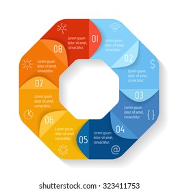 Vector round infographic diagram. Circular connected chart with 8 options. Paper progress steps for tutorial. Business concept sequence banner. EPS10 polygonal layout with folded parts.