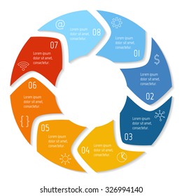 Vector round infographic diagram. Circular connected chart with 8 options. Paper progress steps for tutorial with rounded arrows. Business concept sequence banner. EPS10 workflow layout.