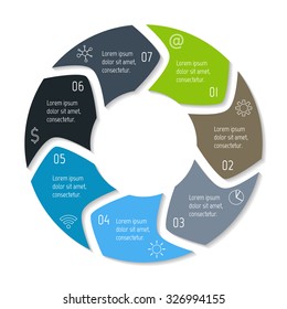 Vector round infographic diagram. Circular connected chart with 7 options. Paper progress steps for tutorial with rounded arrows. Business concept sequence banner. EPS10 workflow layout.