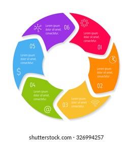 Vector round infographic diagram. Circular connected chart with 6 options. Paper progress steps for tutorial with rounded arrows. Business concept sequence banner. EPS10 workflow layout.