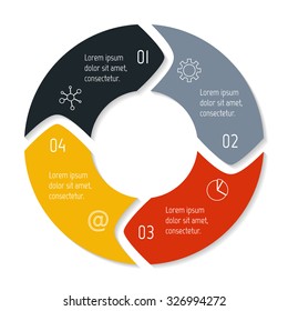 Diagrama de infografía redonda de Vector. Gráfico circular conectado con 4 opciones. Pasos de progreso en papel para tutorial con flechas redondeadas. Anuncio de secuencia de concepto de negocio. Diseño del flujo de trabajo EPS10.