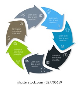 Vector round infographic diagram. Circular connected chart with 7 options. Paper progress steps for tutorial with rounded arrows. Business concept sequence banner. EPS10 workflow layout.
