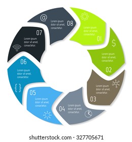 Vector round infographic diagram. Circular connected chart with 8 options. Paper progress steps for tutorial with rounded arrows. Business concept sequence banner. EPS10 workflow layout.