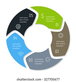 Vector round infographic diagram. Circular connected chart with 5 options. Paper progress steps for tutorial with rounded arrows. Business concept sequence banner. EPS10 workflow layout.