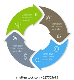 Vector round infographic diagram. Circular connected chart with 4 options. Paper progress steps for tutorial with rounded arrows. Business concept sequence banner. EPS10 workflow layout.