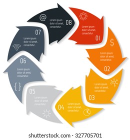 Vector round infographic diagram. Circular connected chart with 8 options. Paper progress steps for tutorial with rounded arrows. Business concept sequence banner. EPS10 workflow layout.