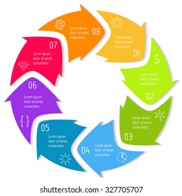 Vector round infographic diagram. Circular connected chart with 8 options. Paper progress steps for tutorial with rounded arrows. Business concept sequence banner. EPS10 workflow layout.