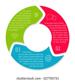 Vector round infographic diagram. Circular connected chart with 3 options. Paper progress steps for tutorial with rounded arrows. Business concept sequence banner. EPS10 workflow layout.