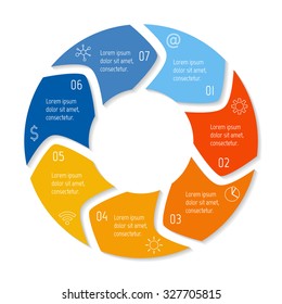 Vector round infographic diagram. Circular connected chart with 7 options. Paper progress steps for tutorial with rounded arrows. Business concept sequence banner. EPS10 workflow layout.