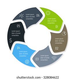 Vector round infographic diagram. Circular connected chart with 6 options. Paper progress steps for tutorial with rounded arrows. Business concept sequence banner. EPS10 workflow layout.