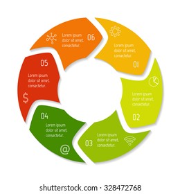 Vector round infographic diagram. Circular connected chart with 6 options. Paper progress steps for tutorial with rounded arrows. Business concept sequence banner. EPS10 workflow layout.