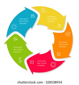 Vector round infographic diagram. Circular connected chart with 5 options. Paper progress steps for tutorial with rounded arrows. Business concept sequence banner. EPS10 workflow layout.