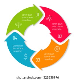 Vector round infographic diagram. Circular connected chart with 4 options. Paper progress steps for tutorial with rounded arrows. Business concept sequence banner. EPS10 workflow layout.