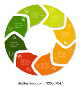 Vector round infographic diagram. Circular connected chart with 8 options. Paper progress steps for tutorial with rounded arrows. Business concept sequence banner. EPS10 workflow layout.