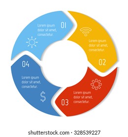 Vector round infographic diagram. Circular connected chart with 4 options. Paper progress steps for tutorial with rounded arrows. Business concept sequence banner. EPS10 workflow layout.