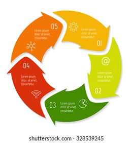 Vector round infographic diagram. Circular connected chart with 5 options. Paper progress steps for tutorial with rounded arrows. Business concept sequence banner. EPS10 workflow layout.