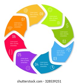 Vector round infographic diagram. Circular connected chart with 8 options. Paper progress steps for tutorial with rounded arrows. Business concept sequence banner. EPS10 workflow layout.