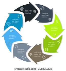 Vector round infographic diagram. Circular connected chart with 8 options. Paper progress steps for tutorial with rounded arrows. Business concept sequence banner. EPS10 workflow layout.