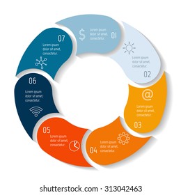 Vector round infographics diagram. Circular connected chart with 7 options. Paper progress steps for tutorial. Business concept sequence banner. EPS10 workflow layout.