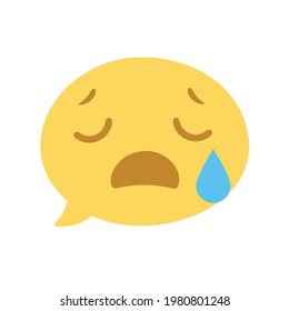 Vector round isolated emoticon emoji on white background. A symbol of grief, sadness, tears, grief. Popular chat element. Fashionable, flat, cartoonish. Dialogue bubble, cute dialog box. Closed eyes.