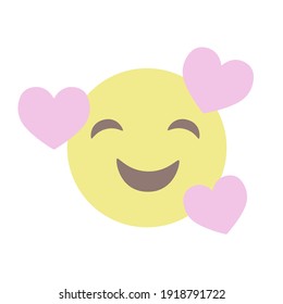 Vector round isolated emoticon on a white background with pink hearts. A symbol of joy and happiness
Yellow face with closed eyes and a smile. Popular chat elements. Trendy emoticon, flat, cartoon.