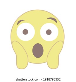 Vector round isolated emoticon on a white background. Symbol. The yellow face screams and holds its head with crawfish. Large eyes wide open. Fear. Surprise. Popular chat element. Trendy, flat cartoon