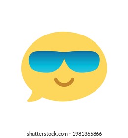Vektorrund einzeln auf Weiß. Flaches Symbol glücklich, stark, wichtig, cool, mit Brille. Beliebtes Chatelement. Modisch, flach, kartoonisch. Dialogblase, süßes Dialogfeld. Frohes Gesicht.