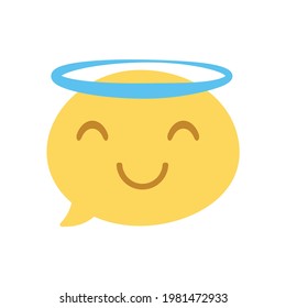 Vector round isolated emoticon on white background. Angel symbol, approval, kind, happiness. Closed eyes, smile. Popular chat element. Fashionable, flat, cartoonish. Dialogue bubble, cute dialog box.