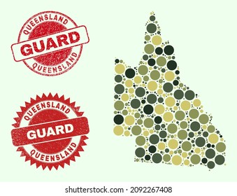 Vector round items collage Australian Queensland map in khaki hues, and textured seals for guard and military services. Round red seals include word GUARD inside.