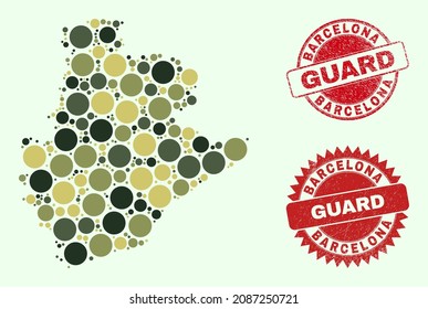Vector round items collage Barcelona Province map in camo colors, and grunge stamps for guard and military services. Round red stamps contain word GUARD inside.
