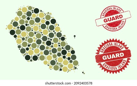 Vector round items collage Graciosa Island map in camouflage colors, and grunge stamps for guard and military services. Round red stamp seals have word GUARD inside.