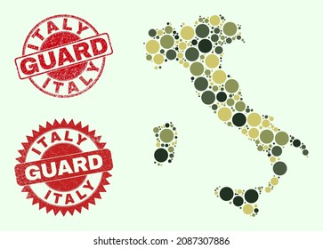 Los vectores redondean los mapas de Italia en colores caqui, y sellos corroídos para los servicios de guardia y militares. Los sellos rojos redondos tienen la frase GUARD dentro. El mapa de Collage Italy está hecho de partes redondas de caqui.