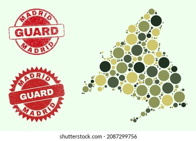 Vector round items collage Madrid Province map in camo hues, and corroded seals for guard and military services. Round red stamp seals include word GUARD inside.