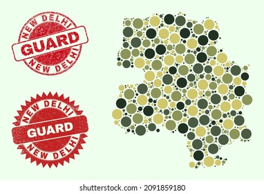 Vector round items collage New Delhi City map in camouflage hues, and textured stamps for guard and military services. Round red seals contain word GUARD inside.