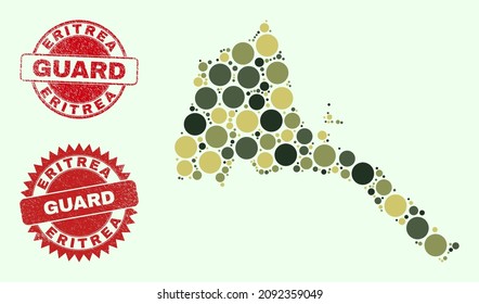 Vector round items combination Eritrea map in camouflage hues, and unclean stamp prints for guard and military services. Round red stamp seals contain word GUARD inside.