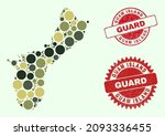 Vector round items combination Guam Island map in camouflage colors, and dirty stamp seals for guard and military services. Round red stamp seals contain phrase GUARD inside.