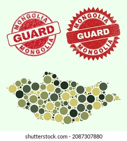 Vector round items combination Mongolia map in camouflage colors, and grunge stamp seals for guard and military services. Round red stamp seals include phrase GUARD inside.