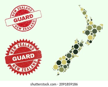 Vector round items combination New Zealand map in khaki colors, and scratched badges for guard and military services. Round red stamp seals contain word GUARD inside.